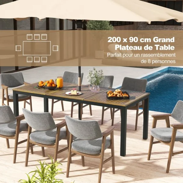 Table de Salle à Manger de 200 Cm Table d'Extérieur pour 8 Personnes avec Trou pour Parasol de 5cm Pieds en Métal et Repose-pied Réglables