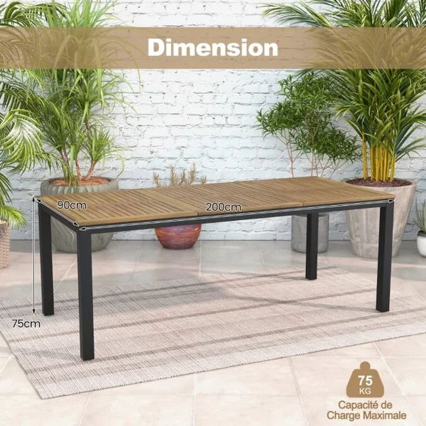 Table de Salle à Manger de 200 Cm Table d'Extérieur pour 8 Personnes avec Trou pour Parasol de 5cm Pieds en Métal et Repose-pied Réglables