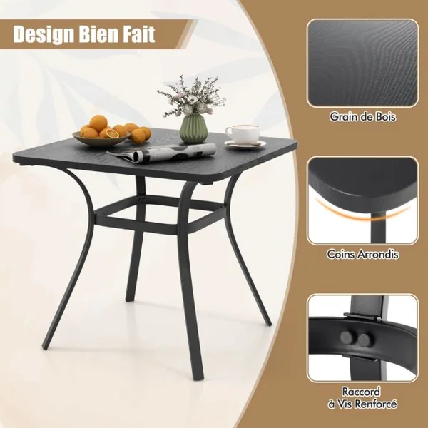 Table de Salle à Manger de Patio en Métal 80 x 80 CM Table d'Appoint Carrée avec 4 Pieds Incurvés Table d'Extérieur pour 4 Personnes Gris