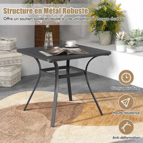 Table de Salle à Manger de Patio en Métal 80 x 80 CM Table d'Appoint Carrée avec 4 Pieds Incurvés Table d'Extérieur pour 4 Personnes Gris