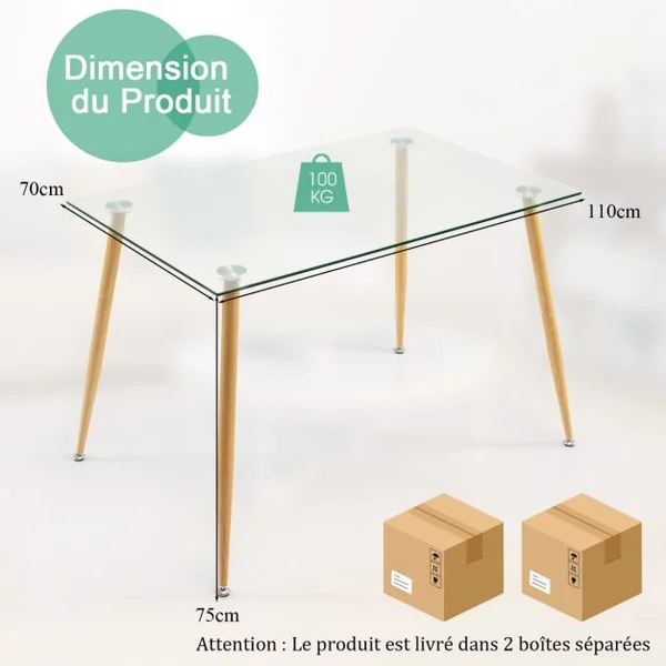 Table de Salle à Manger en Verre Trempé 110 x 70 x 75 CM - Style Moderne