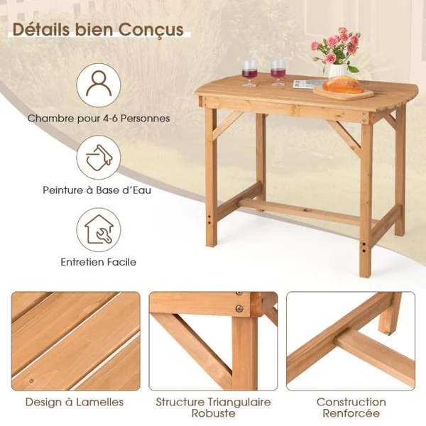 Table de Salle à Manger Extérieure en Bois de Sapin pour 4-6 Personnes pour Pelouse Jardin Intérieur Charge 180KG Naturel