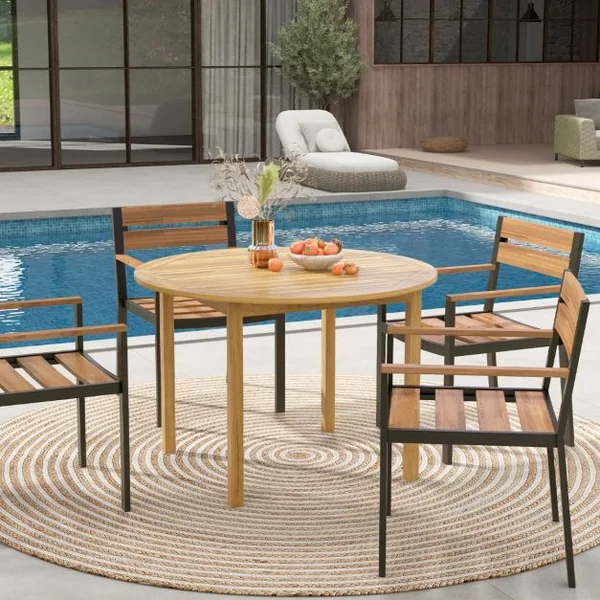 Table de Salle à Manger Extérieure Ronde en Bois d'Acacia Grande Table à Manger pour 4 Personnes Table de Bistrot de Patio