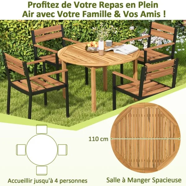 Table de Salle à Manger Extérieure Ronde en Bois d'Acacia Grande Table à Manger pour 4 Personnes Table de Bistrot de Patio