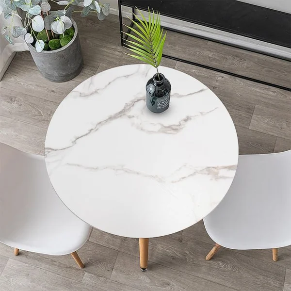 Table de Salle à Manger Ronde Φ 80cm Scandinave Plateau en Bois Motif en Faux Marbre 3 Pieds en Acier Antirouille pour Salon