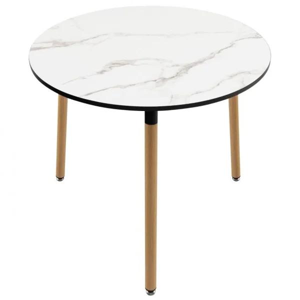 Table de Salle à Manger Ronde Φ 80cm Scandinave Plateau en Bois Motif en Faux Marbre 3 Pieds en Acier Antirouille pour Salon