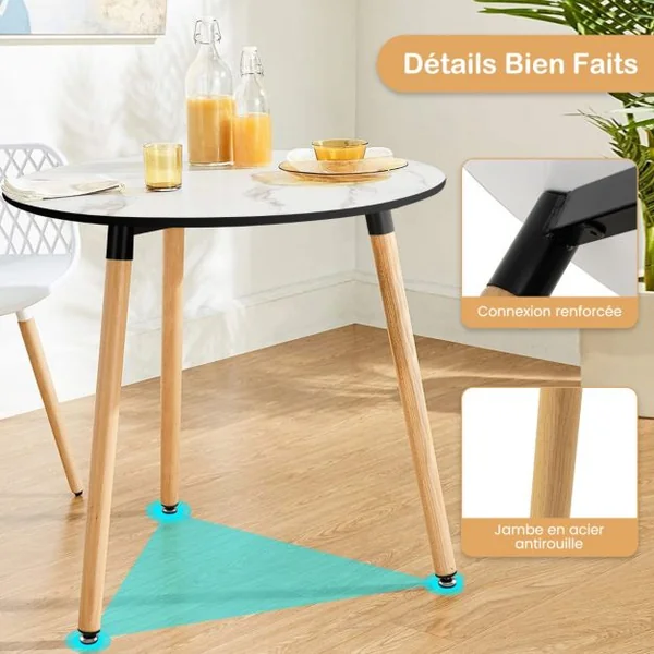 Table de Salle à Manger Ronde Φ 80cm Scandinave Plateau en Bois Motif en Faux Marbre 3 Pieds en Acier Antirouille pour Salon