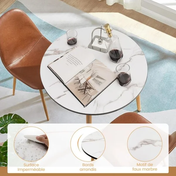 Table de Salle à Manger Ronde Φ 80cm Scandinave Plateau en Bois Motif en Faux Marbre 3 Pieds en Acier Antirouille pour Salon
