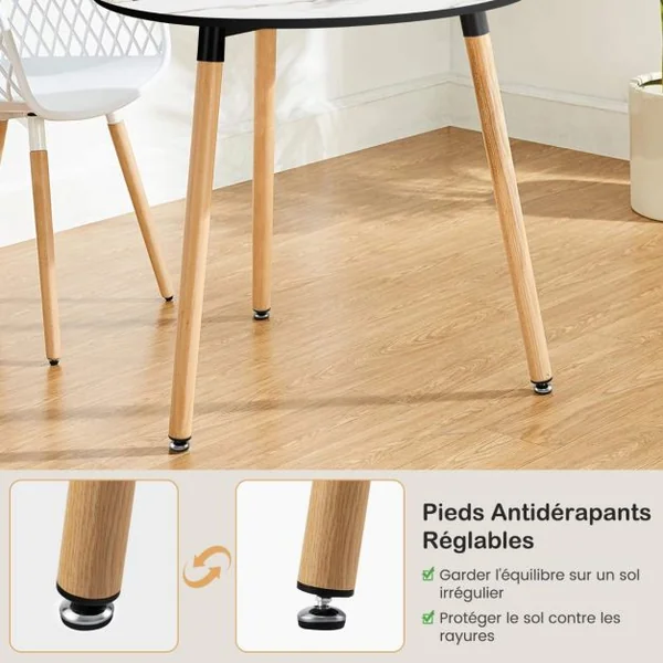 Table de Salle à Manger Ronde Φ 80cm Scandinave Plateau en Bois Motif en Faux Marbre 3 Pieds en Acier Antirouille pour Salon