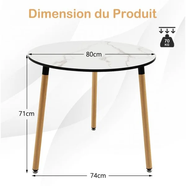 Table de Salle à Manger Ronde Φ 80cm Scandinave Plateau en Bois Motif en Faux Marbre 3 Pieds en Acier Antirouille pour Salon