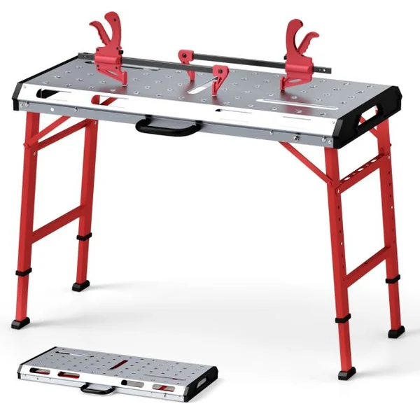 Table de Soudage Pliable avec Hauteur Réglable 70,5-93,3 cm Établi de Soudage Portable avec 2 Pinces à Barre Charge 450KG 107 x 53cm Argent