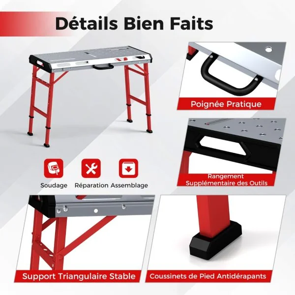 Table de Soudage Pliable avec Hauteur Réglable 70,5-93,3 cm Établi de Soudage Portable avec 2 Pinces à Barre Charge 450KG 107 x 53cm Argent