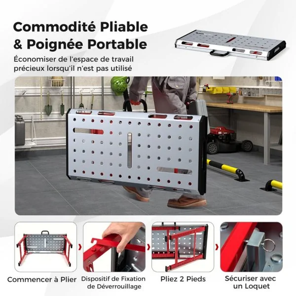 Table de Soudage Pliable avec Hauteur Réglable 70,5-93,3 cm Établi de Soudage Portable avec 2 Pinces à Barre Charge 450KG 107 x 53cm Argent