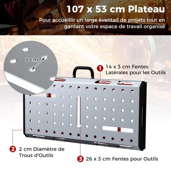 Table de Soudage Pliable avec Hauteur Réglable 70,5-93,3 cm Établi de Soudage Portable avec 2 Pinces à Barre Charge 450KG 107 x 53cm Argent