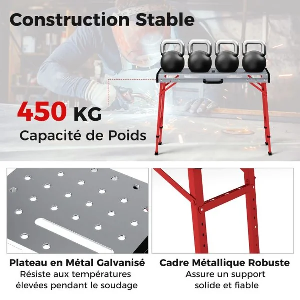 Table de Soudage Pliable avec Hauteur Réglable 70,5-93,3 cm Établi de Soudage Portable avec 2 Pinces à Barre Charge 450KG 107 x 53cm Argent