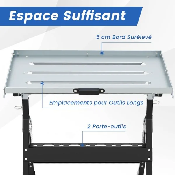 Table de Soudage Pliante avec Plateau de 78x51cm Établi de Soudage 2 Roues Fixes 4 Hauteurs 80-95cm 5 Angles Charge 180kg Noir