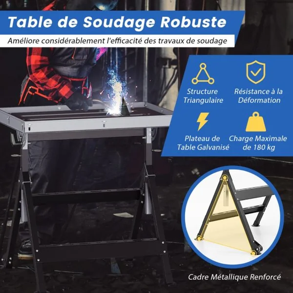 Table de Soudage Pliante avec Plateau de 78x51cm Établi de Soudage 2 Roues Fixes 4 Hauteurs 80-95cm 5 Angles Charge 180kg Noir