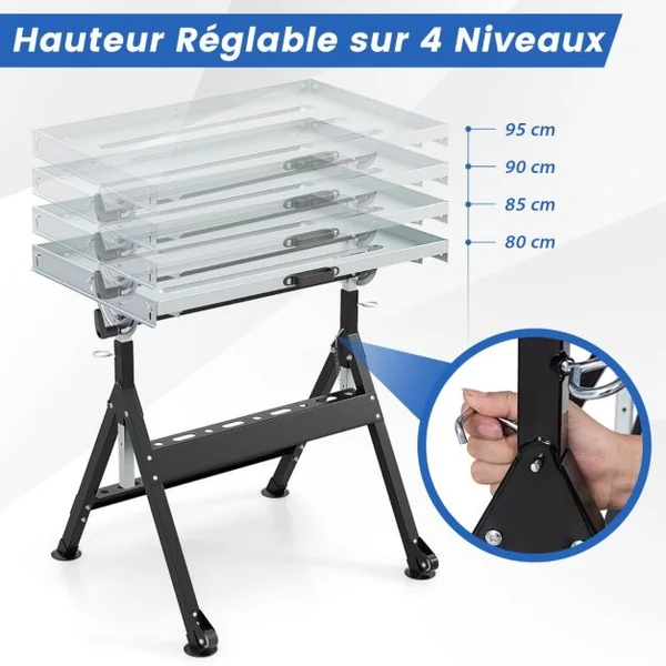 Table de Soudage Pliante avec Plateau de 78x51cm Établi de Soudage 2 Roues Fixes 4 Hauteurs 80-95cm 5 Angles Charge 180kg Noir