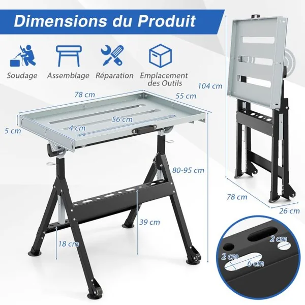 Table de Soudage Pliante avec Plateau de 78x51cm Établi de Soudage 2 Roues Fixes 4 Hauteurs 80-95cm 5 Angles Charge 180kg Noir