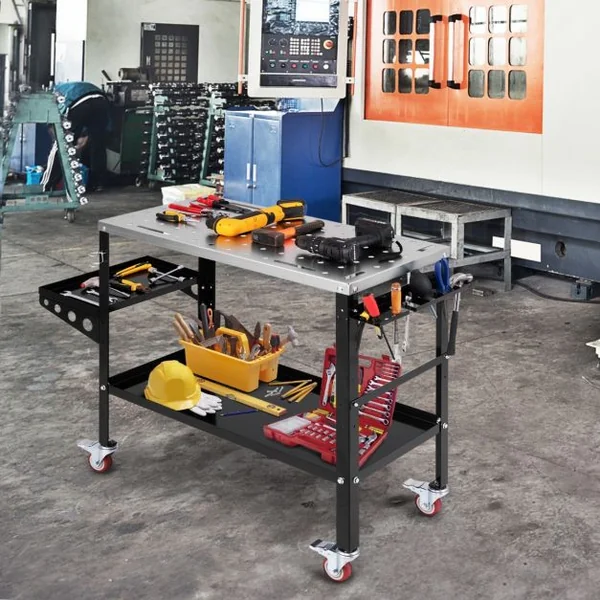 Table de Soudure Roulant 92x46cm Établi de Soudage avec 8 Trous pour Outils Trous de Fixation de 1,6 cm 2 Supports de Buses Charge 540KG Noir