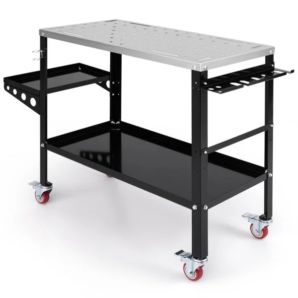 Table de Soudure Roulant 92x46cm Établi de Soudage avec 8 Trous pour Outils Trous de Fixation de 1,6 cm 2 Supports de Buses Charge 540KG Noir