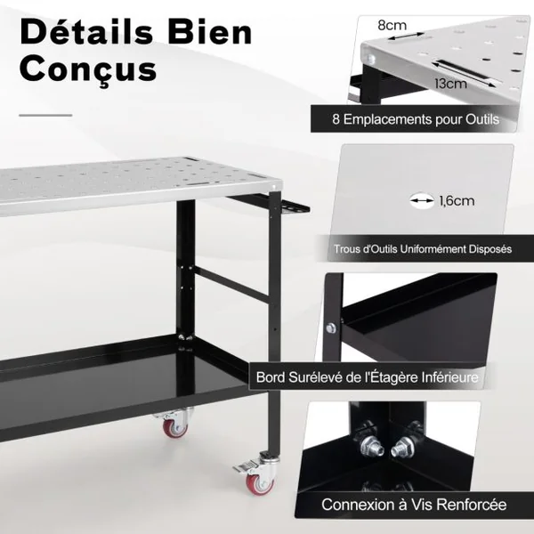 Table de Soudure Roulant 92x46cm Établi de Soudage avec 8 Trous pour Outils Trous de Fixation de 1,6 cm 2 Supports de Buses Charge 540KG Noir