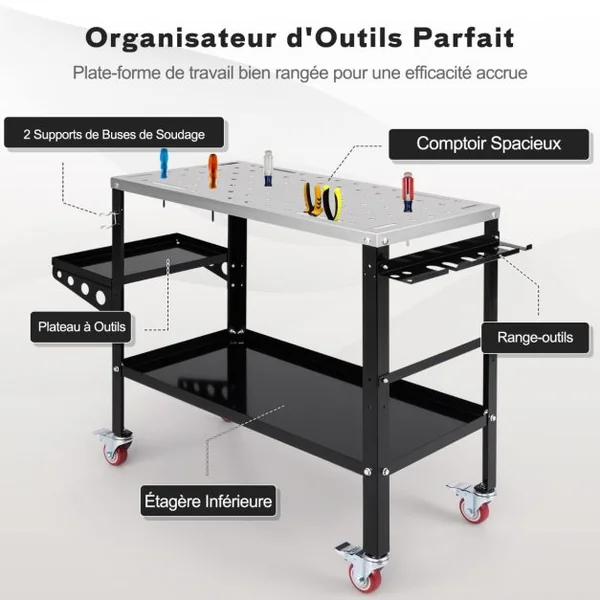 Table de Soudure Roulant 92x46cm Établi de Soudage avec 8 Trous pour Outils Trous de Fixation de 1,6 cm 2 Supports de Buses Charge 540KG Noir