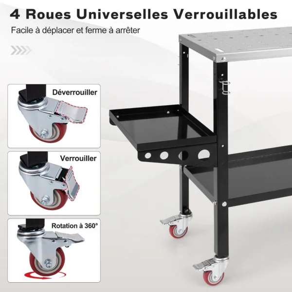 Table de Soudure Roulant 92x46cm Établi de Soudage avec 8 Trous pour Outils Trous de Fixation de 1,6 cm 2 Supports de Buses Charge 540KG Noir