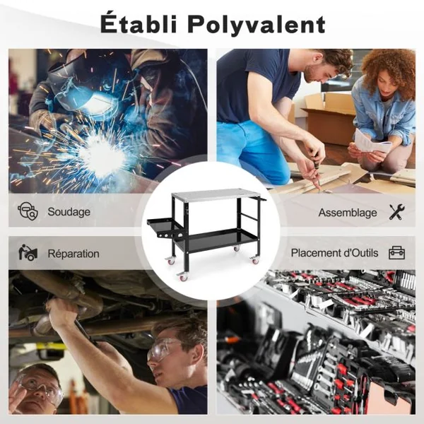 Table de Soudure Roulant 92x46cm Établi de Soudage avec 8 Trous pour Outils Trous de Fixation de 1,6 cm 2 Supports de Buses Charge 540KG Noir