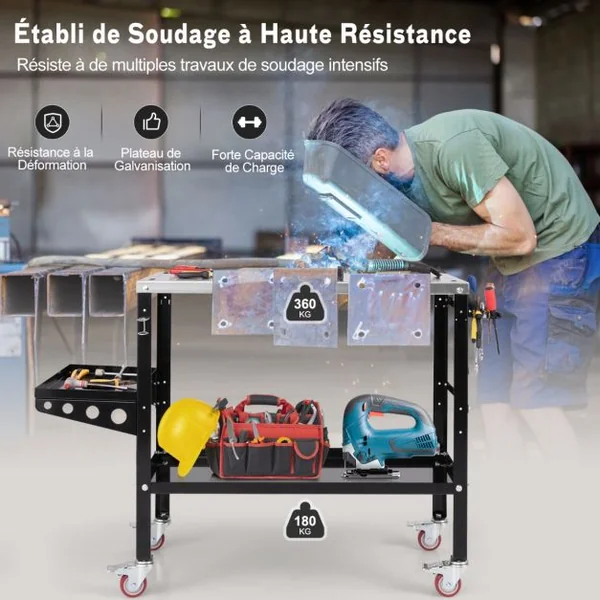 Table de Soudure Roulant 92x46cm Établi de Soudage avec 8 Trous pour Outils Trous de Fixation de 1,6 cm 2 Supports de Buses Charge 540KG Noir