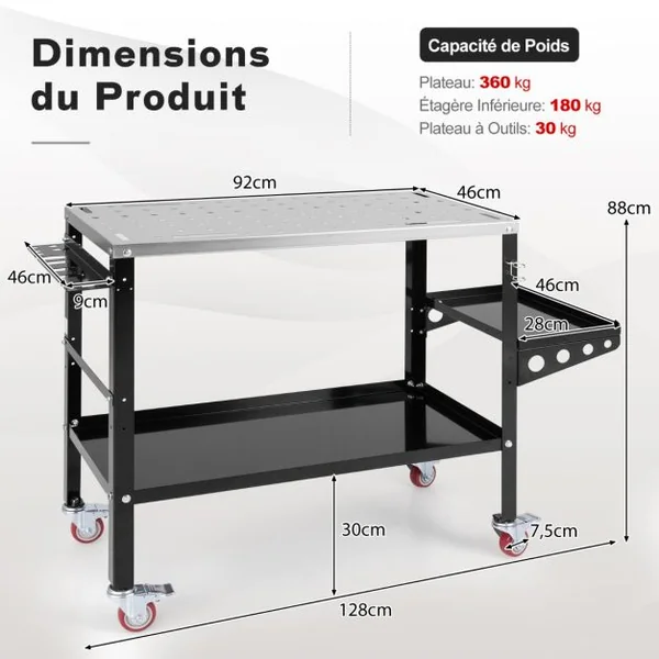 Table de Soudure Roulant 92x46cm Établi de Soudage avec 8 Trous pour Outils Trous de Fixation de 1,6 cm 2 Supports de Buses Charge 540KG Noir