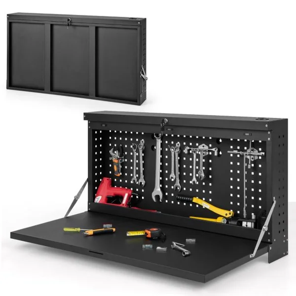 Table de Travail Murale Suspendue Pliante avec Panneau Perforé Organisateur d'Outils 2 en 1 avec Tablette Spacieuse 50x50x106 cm Charge 50 kg Noir