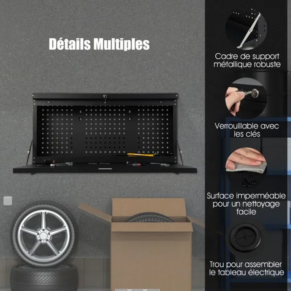 Table de Travail Murale Suspendue Pliante avec Panneau Perforé Organisateur d'Outils 2 en 1 avec Tablette Spacieuse 50x50x106 cm Charge 50 kg Noir