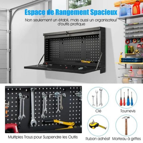 Table de Travail Murale Suspendue Pliante avec Panneau Perforé Organisateur d'Outils 2 en 1 avec Tablette Spacieuse 50x50x106 cm Charge 50 kg Noir
