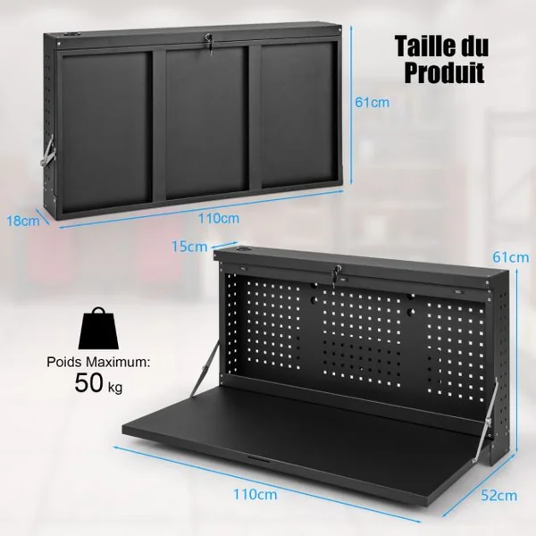Table de Travail Murale Suspendue Pliante avec Panneau Perforé Organisateur d'Outils 2 en 1 avec Tablette Spacieuse 50x50x106 cm Charge 50 kg Noir