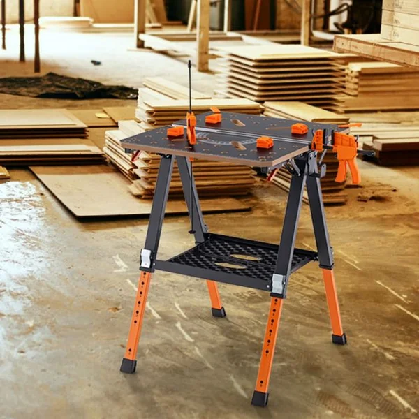 Table de Travail Pliante et Chevalet de Sciage 2 en 1 Capacité 454kg 2 Pinces Rapides et 4 Chiens de Serrage 8 Hauteurs Réglables de Garage Orange