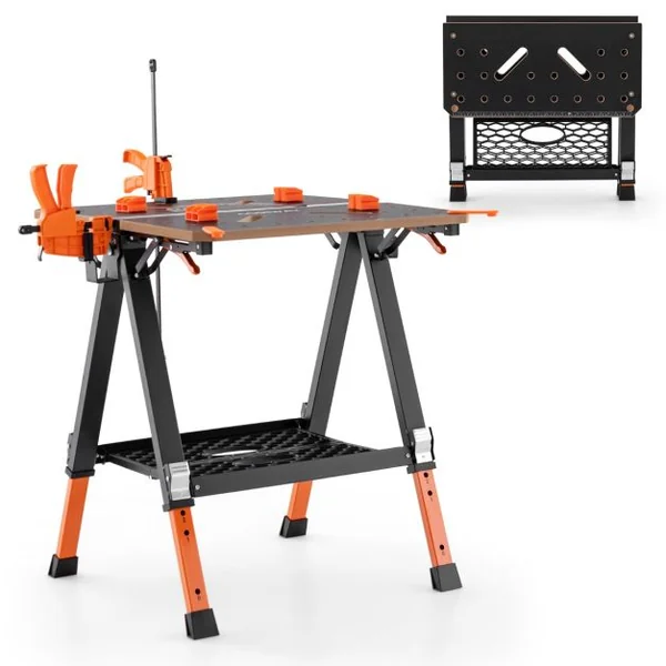Table de Travail Pliante et Chevalet de Sciage 2 en 1 Capacité 454kg 2 Pinces Rapides et 4 Chiens de Serrage 8 Hauteurs Réglables de Garage Orange