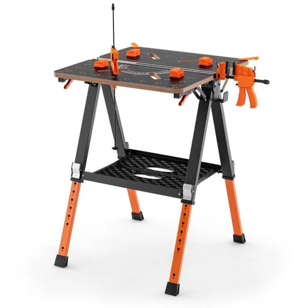 Table de Travail Pliante et Chevalet de Sciage 2 en 1 Capacité 454kg 2 Pinces Rapides et 4 Chiens de Serrage 8 Hauteurs Réglables de Garage Orange