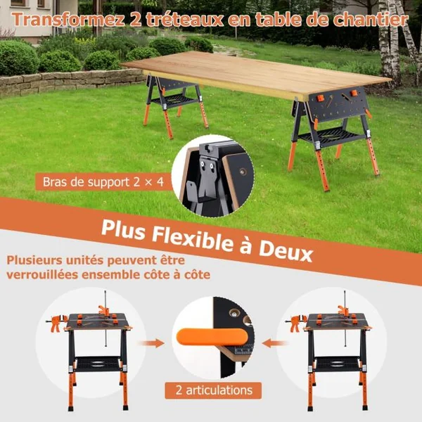 Table de Travail Pliante et Chevalet de Sciage 2 en 1 Capacité 454kg 2 Pinces Rapides et 4 Chiens de Serrage 8 Hauteurs Réglables de Garage Orange