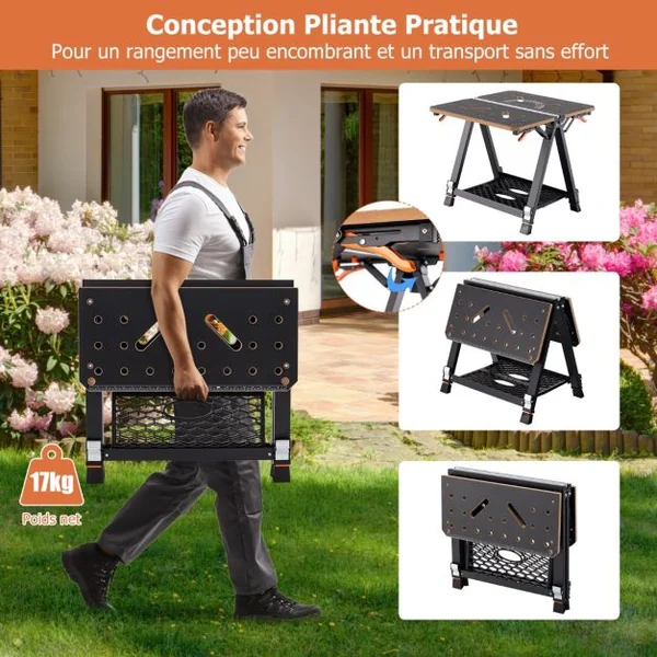 Table de Travail Pliante et Chevalet de Sciage 2 en 1 Capacité 454kg 2 Pinces Rapides et 4 Chiens de Serrage 8 Hauteurs Réglables de Garage Orange