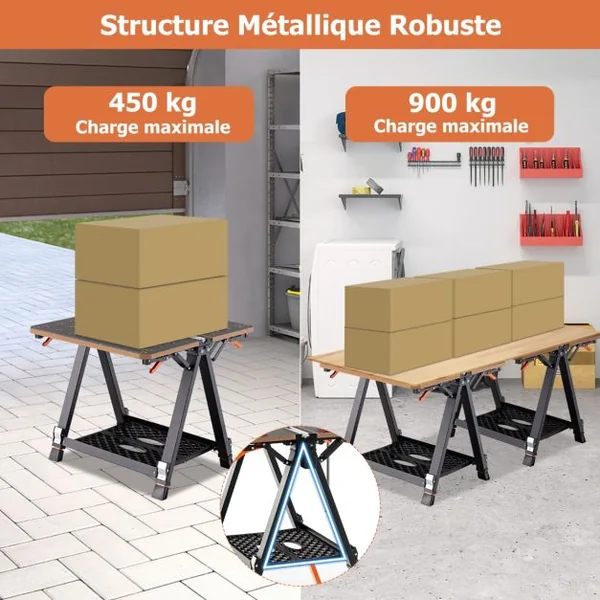 Table de Travail Pliante et Chevalet de Sciage 2 en 1 Capacité 454kg 2 Pinces Rapides et 4 Chiens de Serrage 8 Hauteurs Réglables de Garage Orange