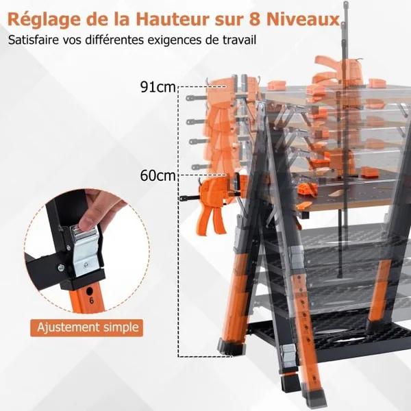 Table de Travail Pliante et Chevalet de Sciage 2 en 1 Capacité 454kg 2 Pinces Rapides et 4 Chiens de Serrage 8 Hauteurs Réglables de Garage Orange