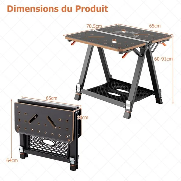 Table de Travail Pliante et Chevalet de Sciage 2 en 1 Capacité 454kg 2 Pinces Rapides et 4 Chiens de Serrage 8 Hauteurs Réglables de Garage Orange