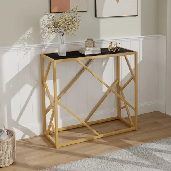 Table d'Entrée avec Plateau en Verre Trempé de 80 Cm Table Console Étroite avec Cadre Doré Longue Moderne Cadre en Métal Robuste Entrée Nior