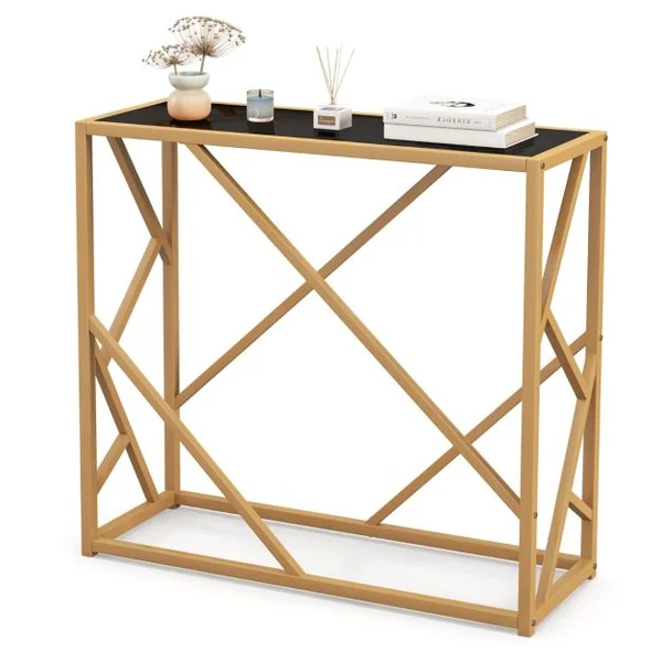 Table d'Entrée avec Plateau en Verre Trempé de 80 Cm Table Console Étroite avec Cadre Doré Longue Moderne Cadre en Métal Robuste Entrée Nior