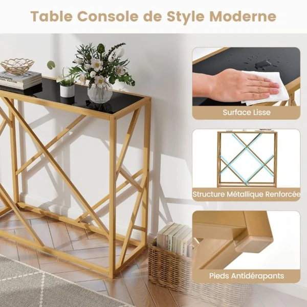 Table d'Entrée avec Plateau en Verre Trempé de 80 Cm Table Console Étroite avec Cadre Doré Longue Moderne Cadre en Métal Robuste Entrée Nior