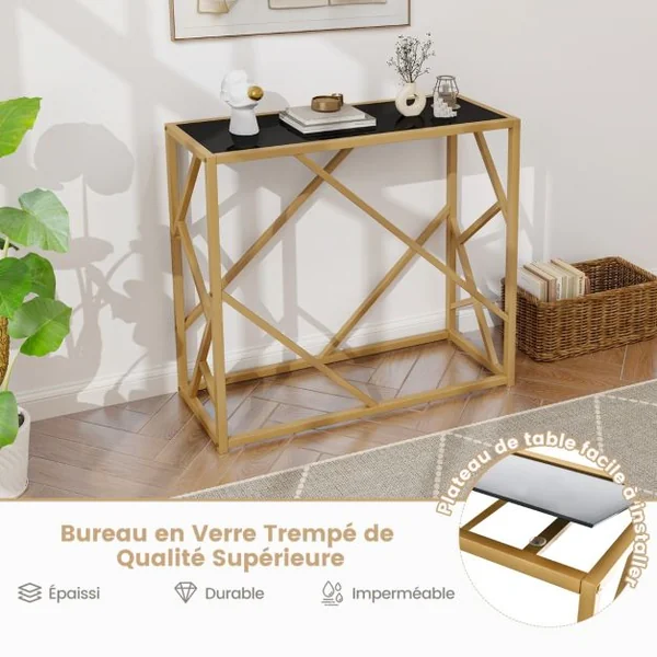 Table d'Entrée avec Plateau en Verre Trempé de 80 Cm Table Console Étroite avec Cadre Doré Longue Moderne Cadre en Métal Robuste Entrée Nior