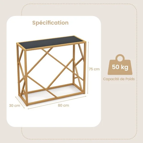 Table d'Entrée avec Plateau en Verre Trempé de 80 Cm Table Console Étroite avec Cadre Doré Longue Moderne Cadre en Métal Robuste Entrée Nior