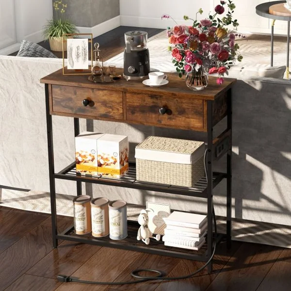 Table d'Entrée avec Station de Chargement Console Étroite avec 2 Tiroirs & 2 Étagères en Treillis Métallique Bois Rustique