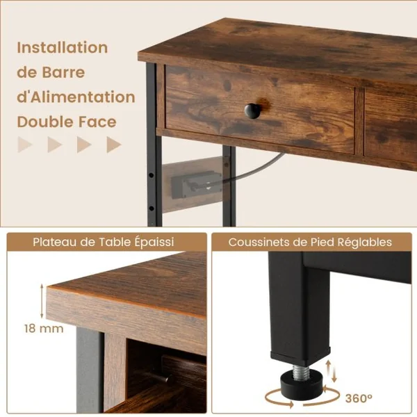 Table d'Entrée avec Station de Chargement Console Étroite avec 2 Tiroirs & 2 Étagères en Treillis Métallique Bois Rustique